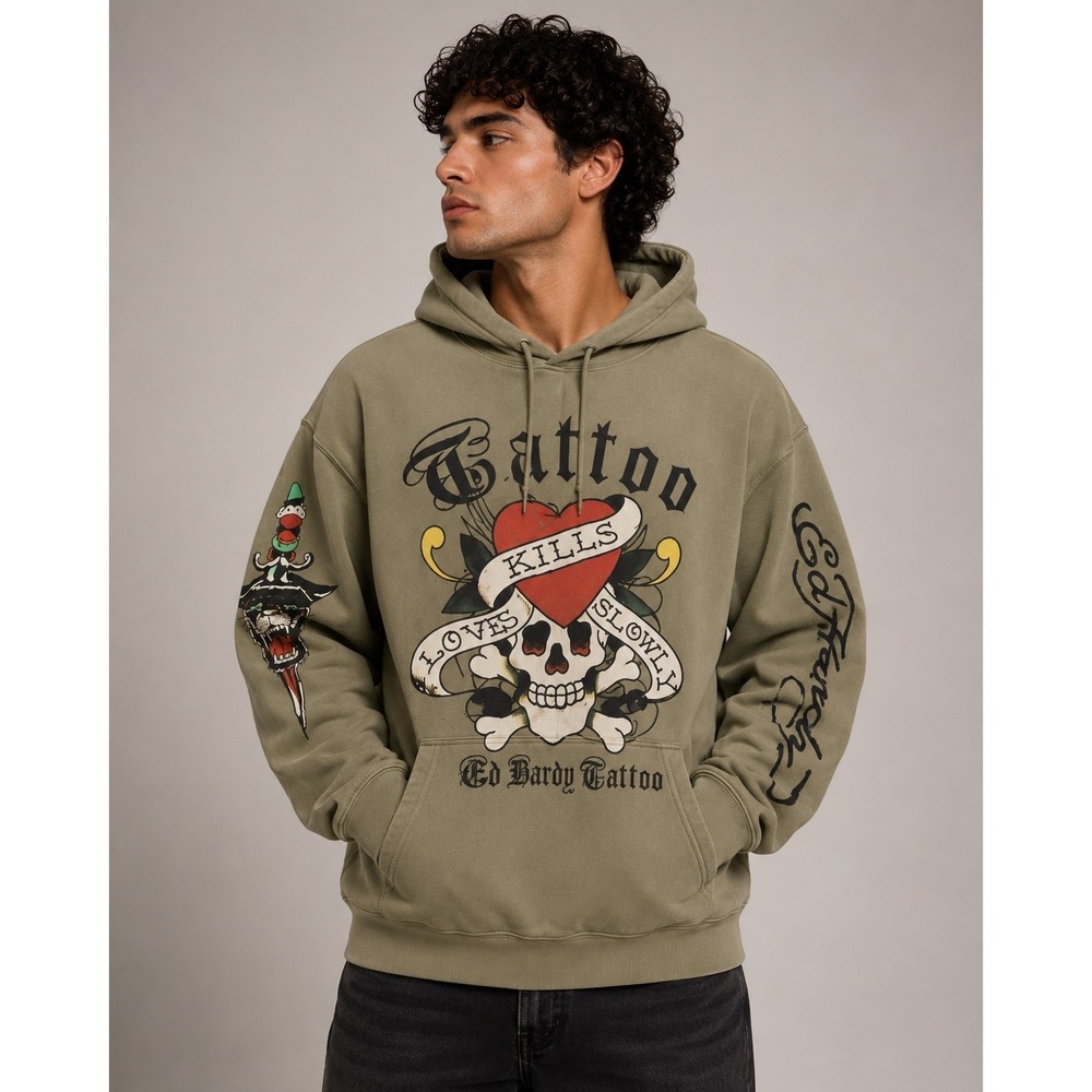 Ed Hardy Tattoo Love Kills Slowly Hoodie Green Mens Large Skull Y2K Graphic